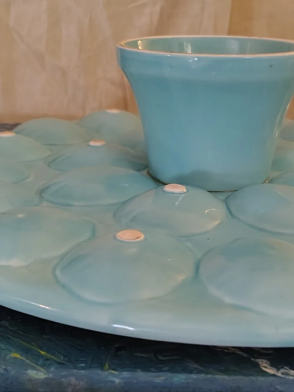 Posh Tag Light Aqua Ceramic Footed Deviled Egg Platter w/ Center Dip Bowl 12.5